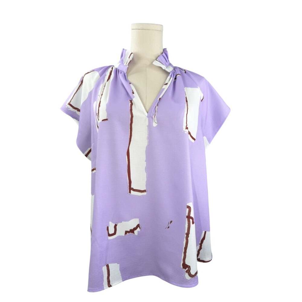 Crosby by Mollie Burch Purple White Abstract Print Ruffle Neck Top Medium